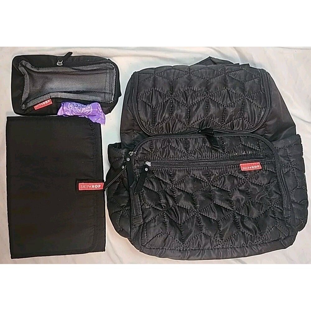 Skip Hop Forma Quilted Diaper Backpack Bag-Black/Teal-Changing Pad-Mesh Wipe Bag